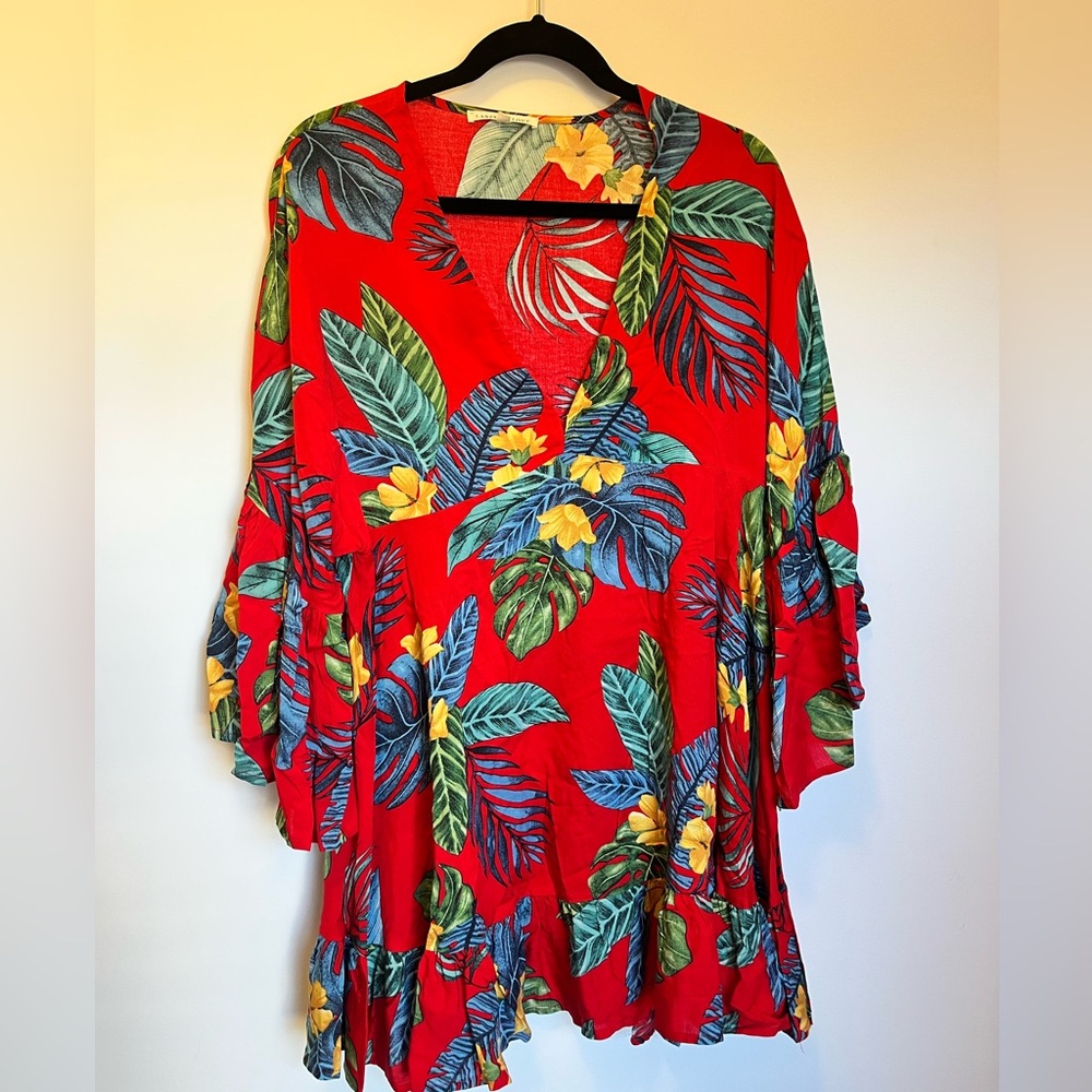 Vibrant Red Floral Long Sleeve Dress